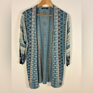 NIC+ZOE Silk Blend Cardigan XS Striped Geo Textured Open Front Office Abstract